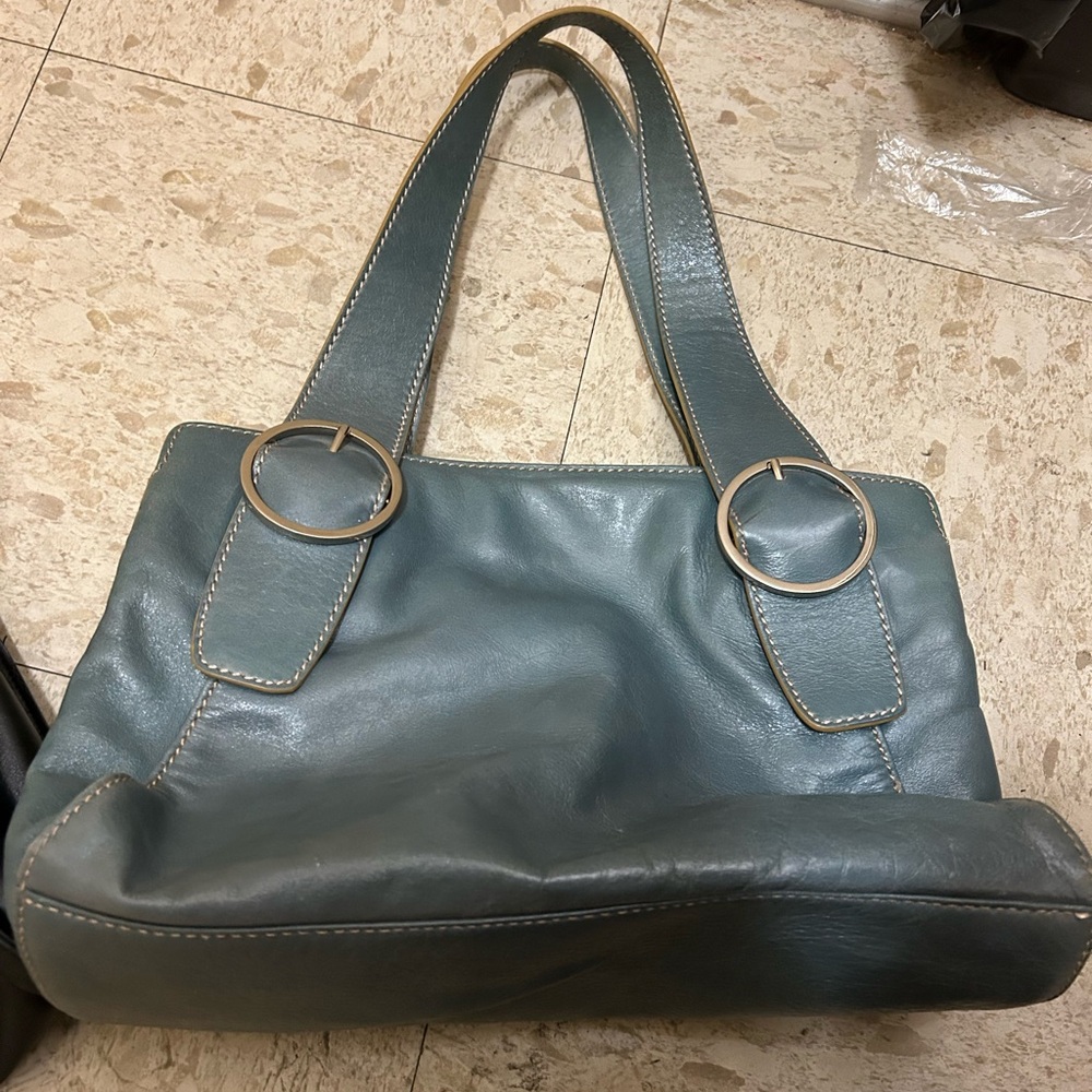 Blue Leather Shoulder Bag with Gold Hardware